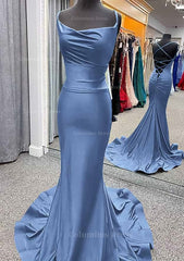 Prom Dresses 2025 Cheap, Trumpet/Mermaid Cowl Neck Spaghetti Straps Sweep Train Jersey Prom Dress With Pleated