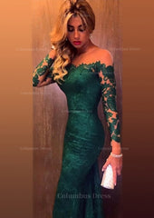Dance Dress, Trumpet/Mermaid Full/Long Sleeve Bateau Chapel Train Lace Prom Dress With Appliqued