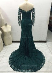 Plu Size Prom Dress, Trumpet/Mermaid Full/Long Sleeve Bateau Chapel Train Lace Prom Dress With Appliqued