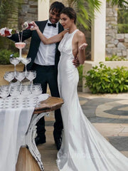Wedding Dress With Covered Back, Trumpet/Mermaid Halter Sweep Train Taffeta Wedding Dresses