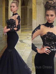 Prom Dresses For Teen, Trumpet/Mermaid High Neck Floor-Length Tulle Prom Dresses With Appliques Lace