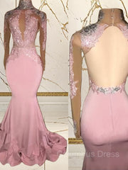 Prom Dresse Backless, Trumpet/Mermaid High Neck Sweep Train Jersey Evening Dresses With Appliques Lace