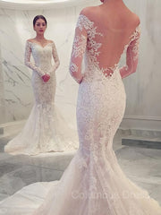 Wedding Dresses Wedding Dresses, Trumpet/Mermaid Off-the-Shoulder Chapel Train Lace Wedding Dresses With Appliques Lace