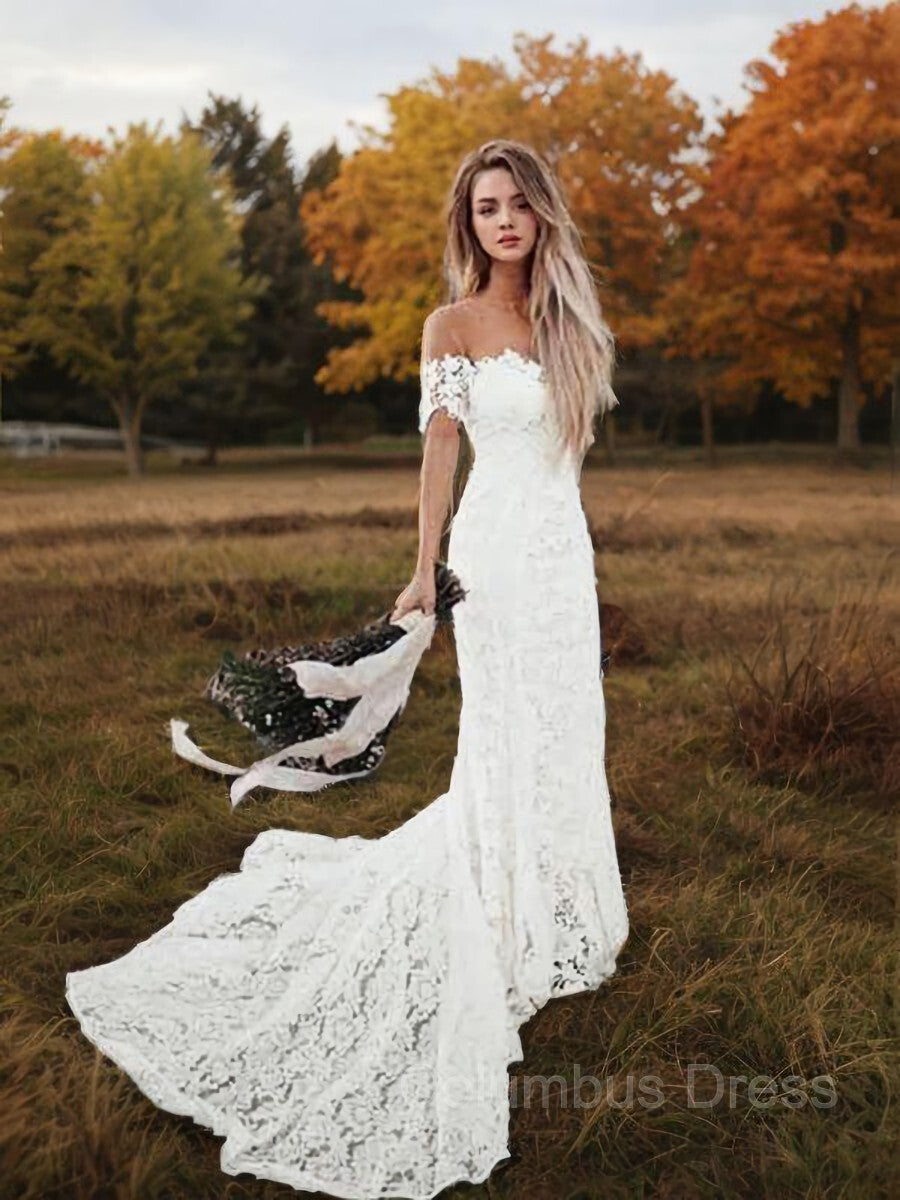 Wedding Dressed Lace, Trumpet/Mermaid Off-the-Shoulder Court Train Lace Wedding Dresses