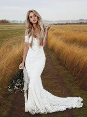 Wedding Dresse Lace, Trumpet/Mermaid Off-the-Shoulder Court Train Lace Wedding Dresses