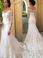 Wedding Dresses Girl, Trumpet/Mermaid Off-the-Shoulder Court Train Lace Wedding Dresses With Appliques Lace