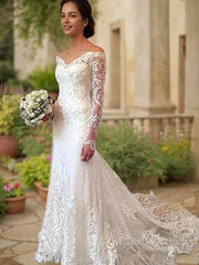 Wedding Dress Strap, Trumpet/Mermaid Off-the-Shoulder Court Train Lace Wedding Dresses With Appliques Lace