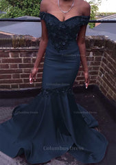 Bridesmaid Dresses Satin, Trumpet/Mermaid Off-the-Shoulder Court Train Satin Prom Dress With Beading Flowers