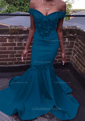 Bridesmaids Dresses Sale, Trumpet/Mermaid Off-the-Shoulder Court Train Satin Prom Dress With Beading Flowers