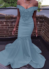 Bridesmaid Dresses Sales, Trumpet/Mermaid Off-the-Shoulder Court Train Satin Prom Dress With Beading Flowers