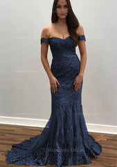 Party Dress Australian, Trumpet/Mermaid Off-the-Shoulder Court Train Tulle Prom Dress With Lace Appliqued