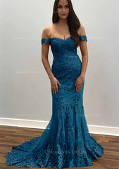 Party Dress Australia, Trumpet/Mermaid Off-the-Shoulder Court Train Tulle Prom Dress With Lace Appliqued