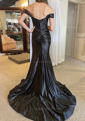 Bridesmaid Dress With Lace, Trumpet/Mermaid Off-the-Shoulder Regular Straps Court Train Silk like Satin Prom Dress With Pleated Split