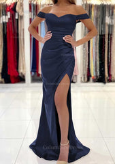Prom Dressed Long, Trumpet/Mermaid Off-the-Shoulder Short Sleeve Long/Floor-Length Satin Prom Dress With Pleated Split