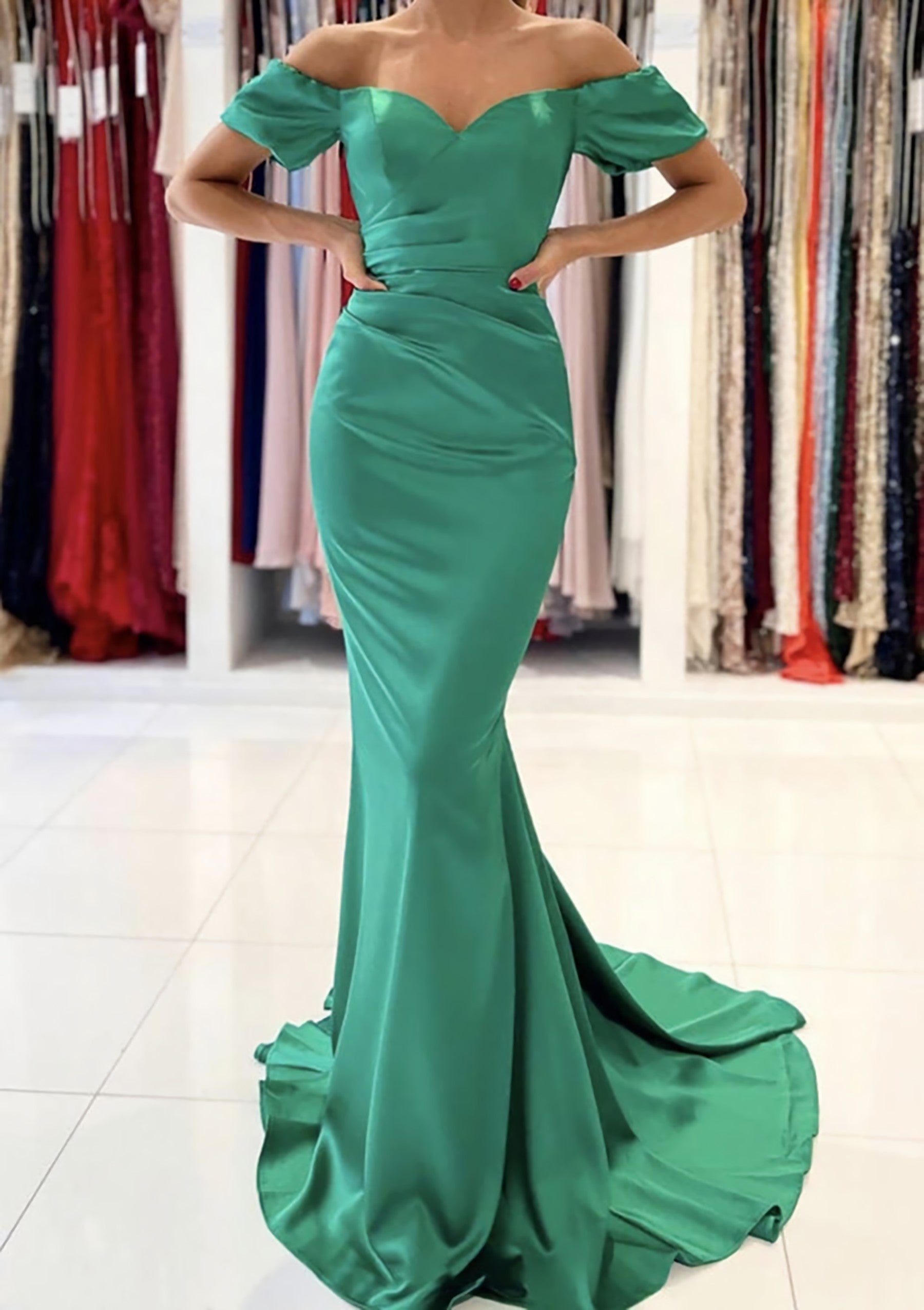 Prom Dress Colorful, Trumpet/Mermaid Off-the-Shoulder Short Sleeve Satin Sweep Train Prom Dress With Pleated