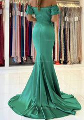 Prom Dress 2053, Trumpet/Mermaid Off-the-Shoulder Short Sleeve Satin Sweep Train Prom Dress With Pleated