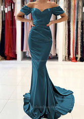 Prom Dresses Off The Shoulder, Trumpet/Mermaid Off-the-Shoulder Short Sleeve Satin Sweep Train Prom Dress With Pleated