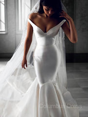 Wedding Dressed Long Sleeve, Trumpet/Mermaid Off-the-Shoulder Sweep Train Satin Wedding Dresses