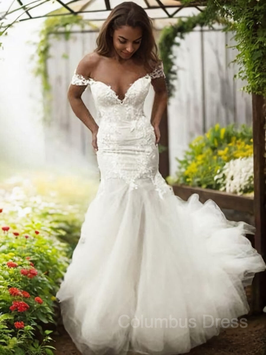 Wedding Dresses Petite, Trumpet/Mermaid Off-the-Shoulder Sweep Train Tulle Wedding Dresses With Appliques Lace