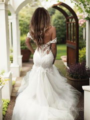 Wedding Dress Fitted, Trumpet/Mermaid Off-the-Shoulder Sweep Train Tulle Wedding Dresses With Appliques Lace