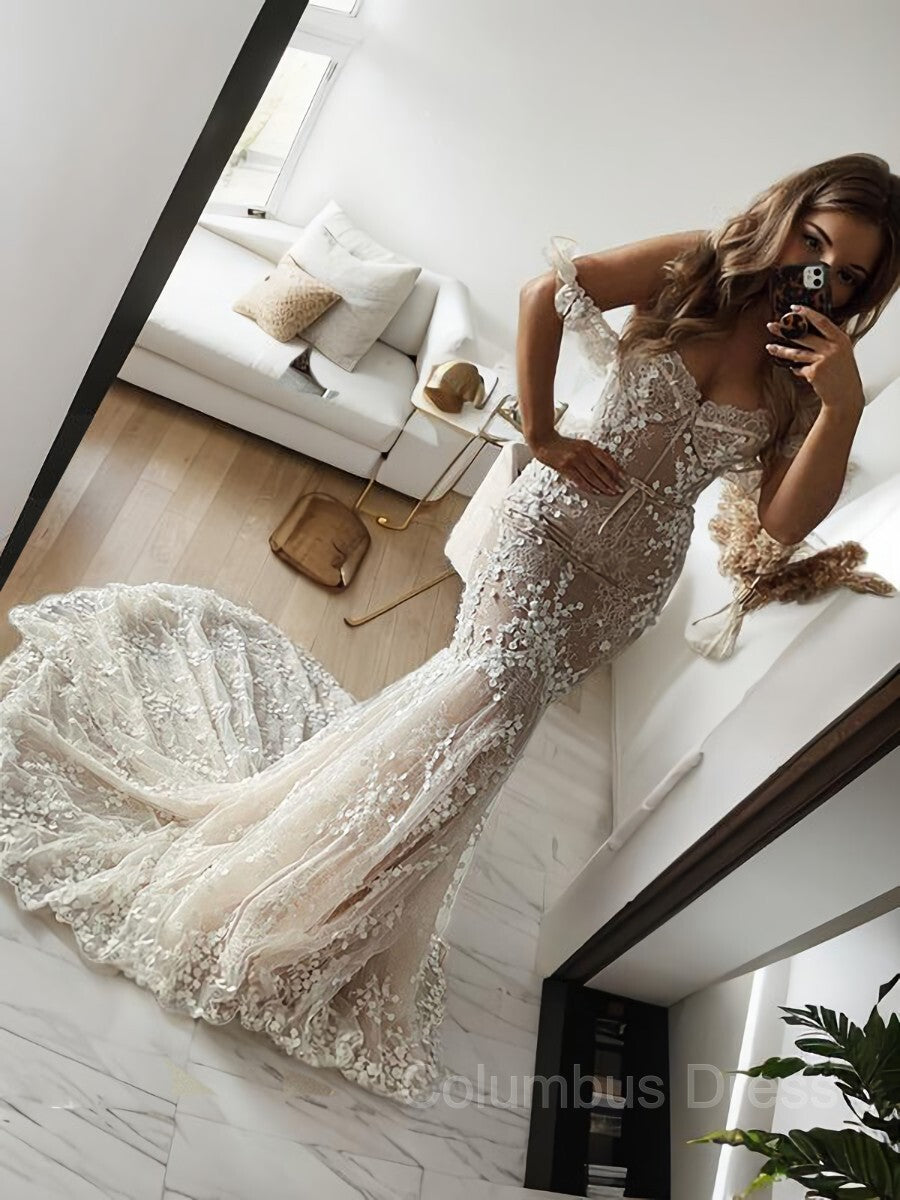 Wedding Dresse Beach, Trumpet/Mermaid Off-the-Shoulder Sweep Train Tulle Wedding Dresses With Appliques Lace
