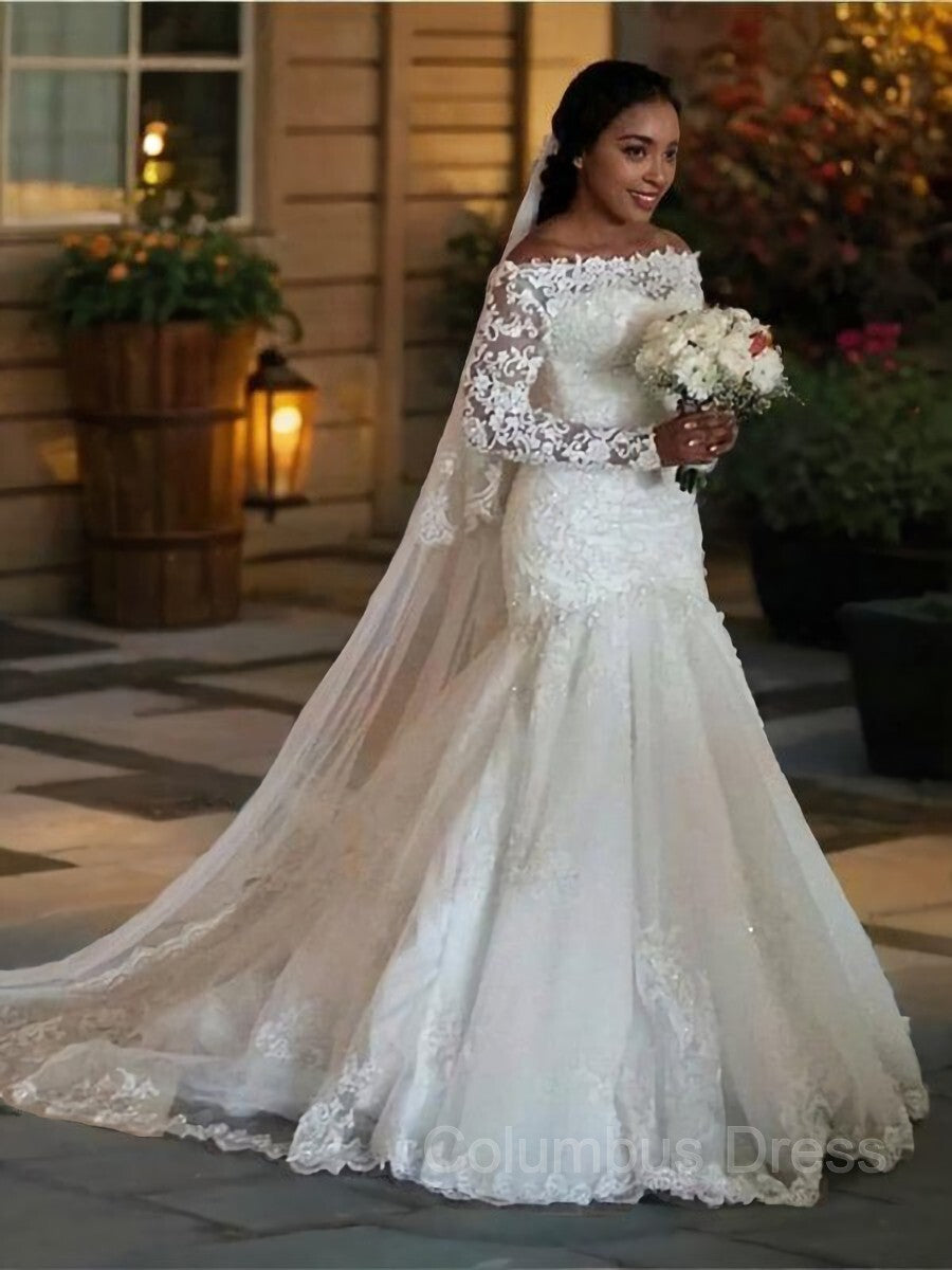 Wedding Dresse Lace, Trumpet/Mermaid Off-the-Shoulder Sweep Train Tulle Wedding Dresses With Appliques Lace