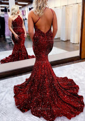 Homecoming Dresses Sparkles, Trumpet/Mermaid One-Shoulder Sleeveless Long/Floor-Length Velvet Sequins Prom Dress