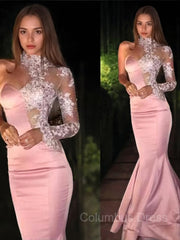 Party Dresses 2044, Trumpet/Mermaid One-Shoulder Sweep Train Elastic Woven Satin Prom Dresses With Appliques Lace