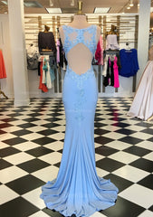 Party Dress Shopping, Trumpet/Mermaid Scalloped Neck Sleeveless Sweep Train Elastic Satin Prom Dress With Appliqued