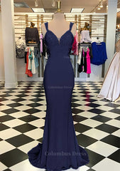 Party Dress Shop, Trumpet/Mermaid Scalloped Neck Sleeveless Sweep Train Elastic Satin Prom Dress With Appliqued