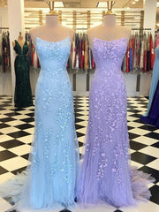 Evening Dress Classy, Trumpet/Mermaid Scoop Neck Sleeveless Sweep Train Lace Prom Dress With Crystal