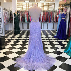 Evening Dresses Prom Long, Trumpet/Mermaid Scoop Neck Sleeveless Sweep Train Lace Prom Dress With Crystal