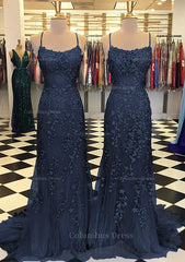 Evening Dress V Neck, Trumpet/Mermaid Scoop Neck Sleeveless Sweep Train Lace Prom Dress With Crystal