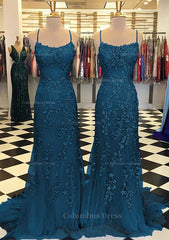 Evening Dresses V Neck, Trumpet/Mermaid Scoop Neck Sleeveless Sweep Train Lace Prom Dress With Crystal
