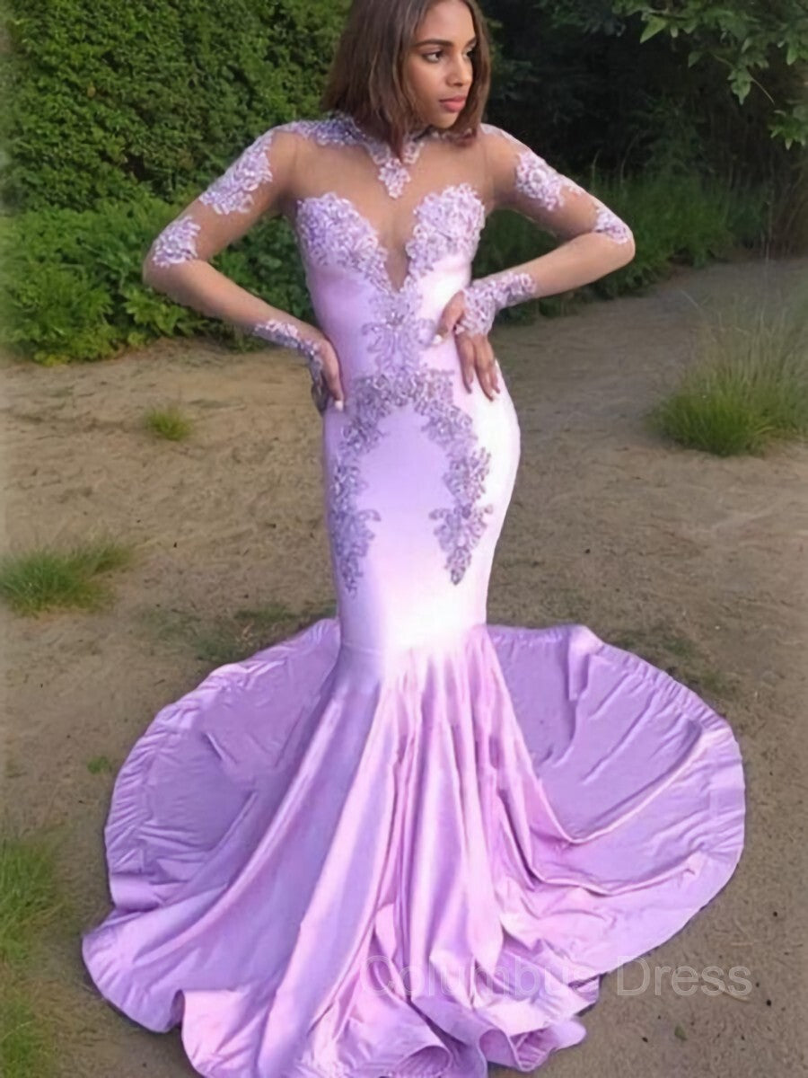 Prom Dress Two Pieces, Trumpet/Mermaid Scoop Sweep Train Jersey Prom Dresses With Appliques Lace