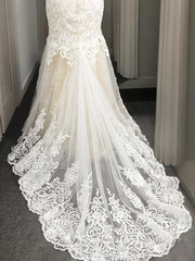 Wedding Dresses Shoulder, Trumpet/Mermaid Scoop Sweep Train Tulle Wedding Dresses With Appliques Lace