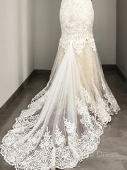 Wedding Dress Shoulders, Trumpet/Mermaid Scoop Sweep Train Tulle Wedding Dresses With Appliques Lace