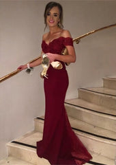 Party Dress Store, Trumpet/Mermaid Sleeveless Off-the-Shoulder Sweep Train Lace Prom Dress With Appliqued Beaded Sequins