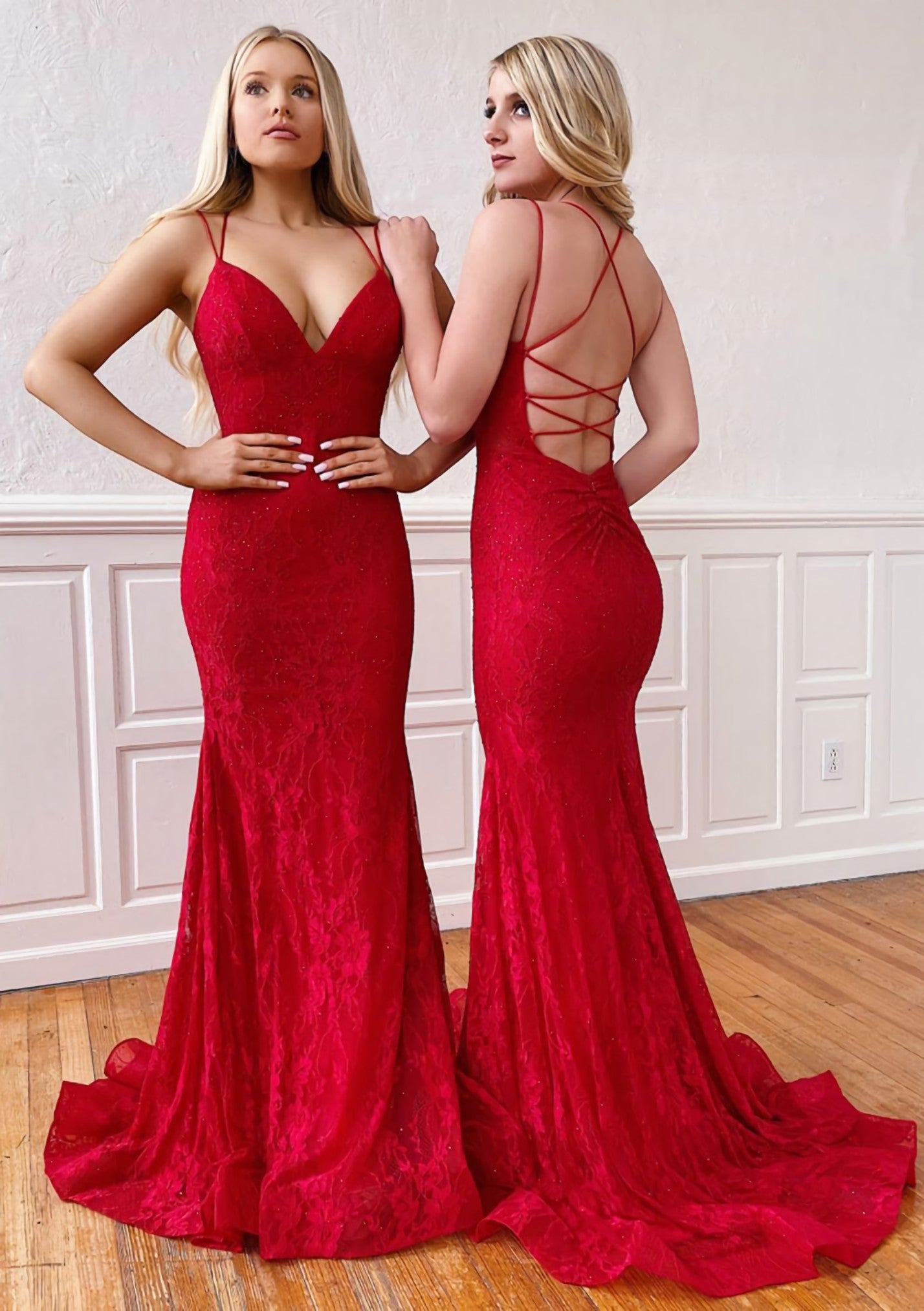Formal Dresses On Sale, Trumpet/Mermaid Sleeveless Sweep Train Lace Prom Dress With Pleated