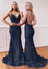 Formal Dress On Sale, Trumpet/Mermaid Sleeveless Sweep Train Lace Prom Dress With Pleated