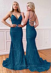 Formal Dresses Shops, Trumpet/Mermaid Sleeveless Sweep Train Lace Prom Dress With Pleated