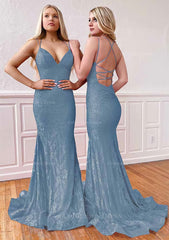 Formal Dress Shop, Trumpet/Mermaid Sleeveless Sweep Train Lace Prom Dress With Pleated