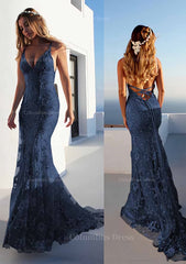 Bridesmaids Dresses Different Styles, Trumpet/Mermaid Spaghetti Straps Court Train Lace Prom Dress