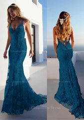 Bridesmaid Dresses Different Style, Trumpet/Mermaid Spaghetti Straps Court Train Lace Prom Dress