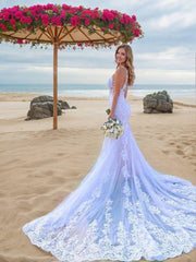 Wedding Dressed Boho, Trumpet/Mermaid Straps Court Train Tulle Wedding Dresses With Appliques Lace