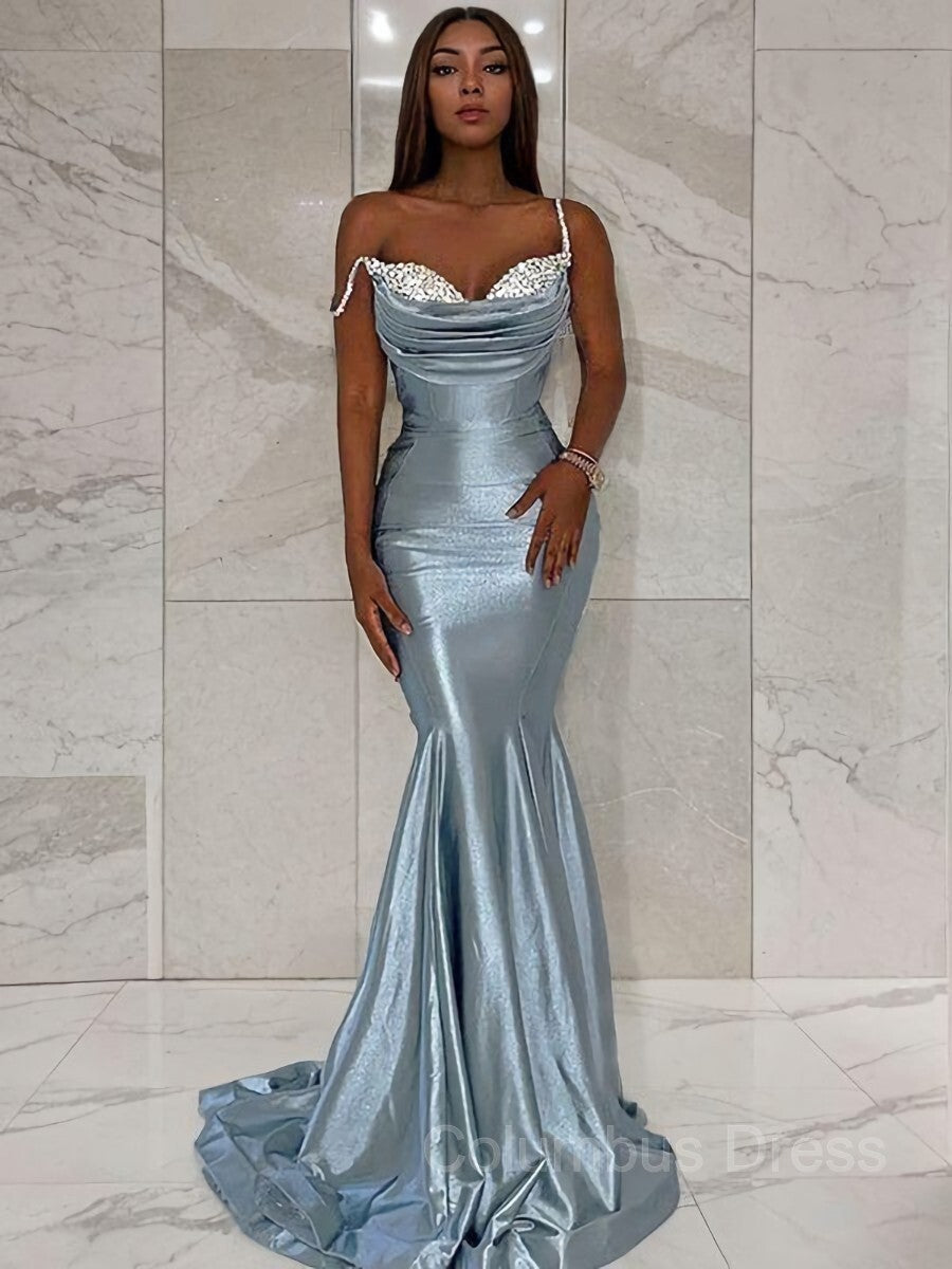 Prom Dresses Sage Green, Trumpet/Mermaid Straps Sweep Train Prom Dresses With Ruffles