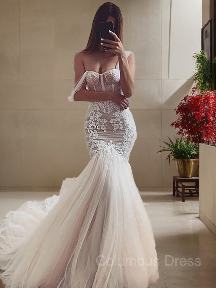 Wedding Dress Perfect For Summer, Trumpet/Mermaid Straps Cathedral Train Tulle Wedding Dresses With Appliques Lace