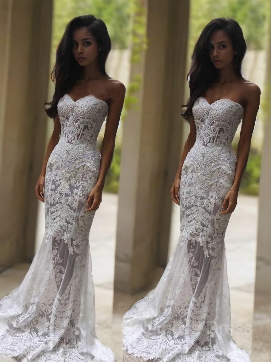 Wedding Dress With Pockets, Trumpet/Mermaid Sweetheart Court Train Lace Wedding Dresses With Appliques Lace