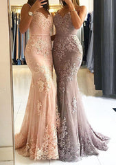 Bridesmaid Dresses Color Palette, Trumpet/Mermaid Sweetheart Sleeveless Long/Floor-Length Tulle Prom Dress With Appliqued