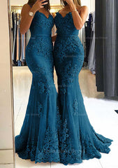 Bridesmaids Dresses Different Styles, Trumpet/Mermaid Sweetheart Sleeveless Long/Floor-Length Tulle Prom Dress With Appliqued